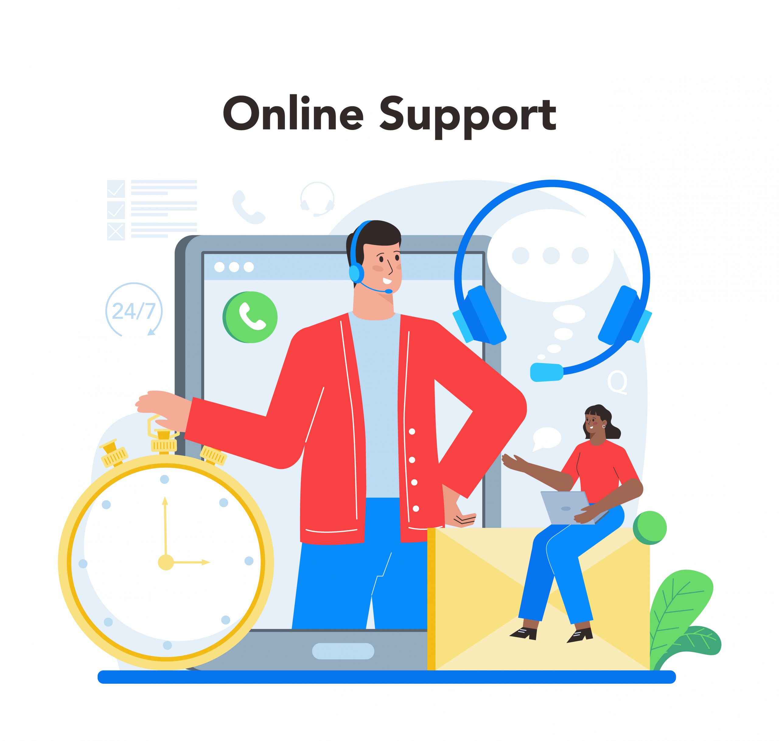 Technical support concept. Idea of customer service. Consultant support clients and help them with problems. Providing customer with valuable information. Vector illustration in cartoon style